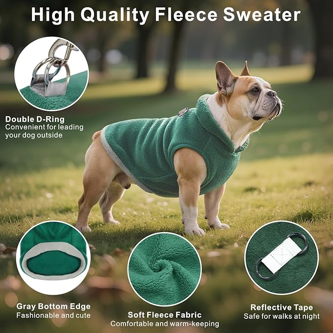 Idepet 2 Pack Dog Fleece Vest Sweater Warm Pullover Jacket with D-Ring Leash Reflective Winter Coat Hoodie for French Bulldog Pug Chihuahuas Yorkies Dachshunds(Dark Green&Grass Green,Large)