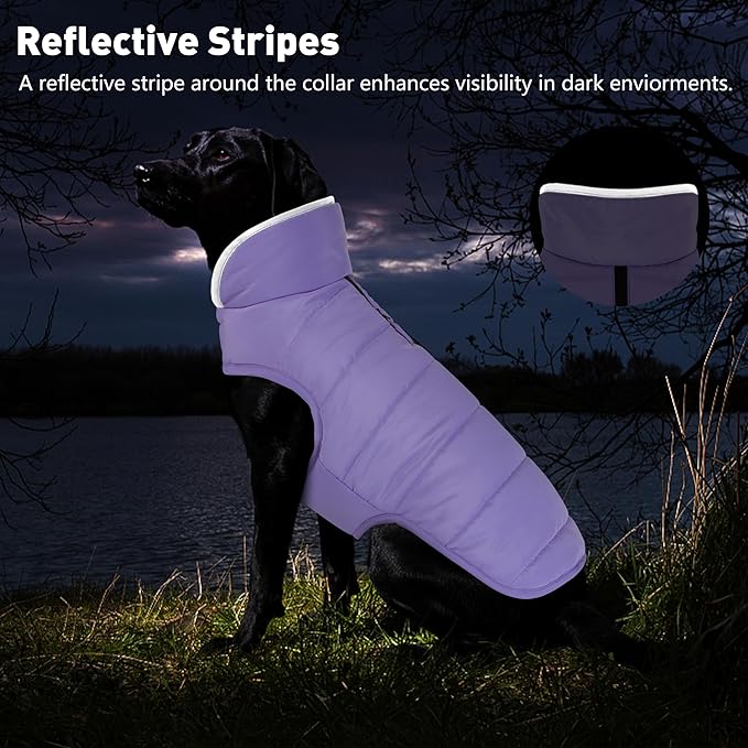 Dog Winter Coat, Waterproof Dog Jacket with Leash Hole, Reflective Adjustable Pet Snow Vest, Warm Fleece Sweater for Small Medium Large Dogs - Light Purple, L