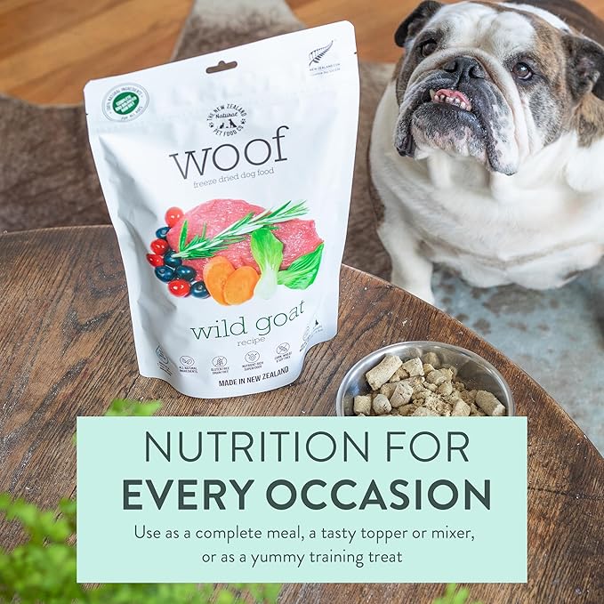 The New Zealand Natural Pet Food Co WOOF Freeze Dried Dog Food - Wild Goat Recipe, High Protein Dog Treats, Natural Dog Food Topper or Snacks,2.2 lb
