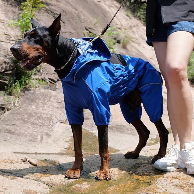 LOVELONGLONG Waterproof Dog Raincoat with Removable Hood – Outdoor Full Body Dog Jacket, Windproof Snowproof Shell Suit – All Season Pet Rain Gear Blue XXL