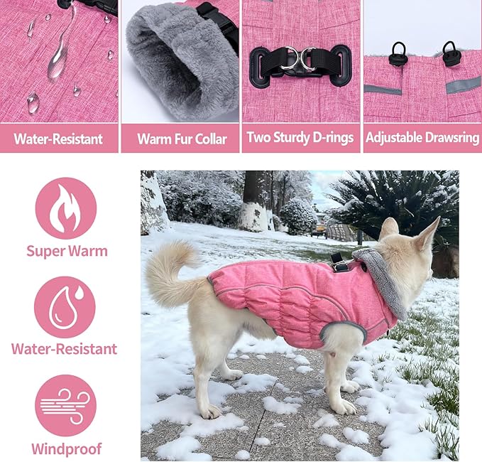 Malier Dog Coat, Reflective Dog Jacket Waterproof Windproof Puppy Cold Weather Coats with Harness Built in, Winter Extra Warm Pet Coat Fleece Vest for Small Large Pets and Puppy (Pink, Large)