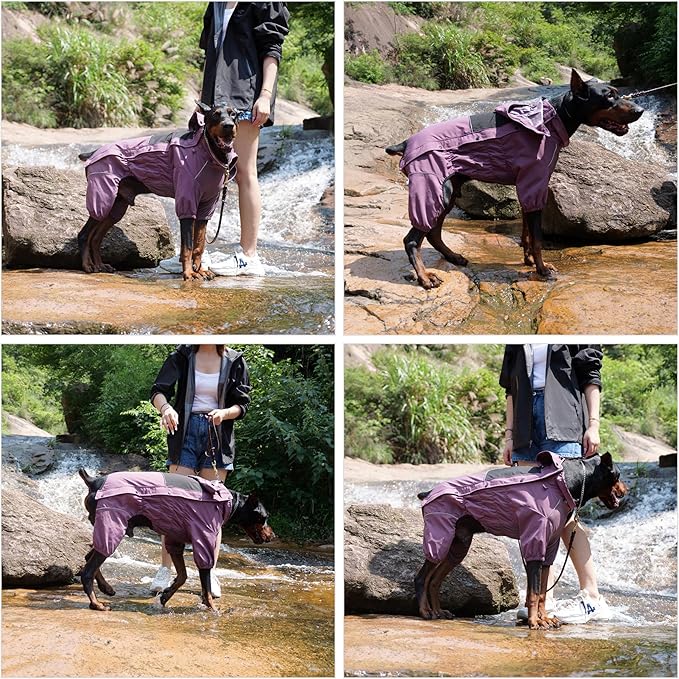LOVELONGLONG Waterproof Dog Raincoat with Removable Hood – Outdoor Full Body Dog Jacket, Windproof Snowproof Shell Suit – All Season Pet Rain Gear Plum Purple M