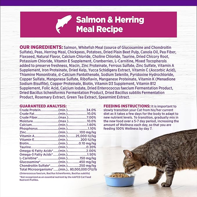 Wellness Complete Health Adult Dry Cat Food for Indoor Cats, Grain Free, Natural, Salmon and Herring Meal (11.5 Pound Bag)