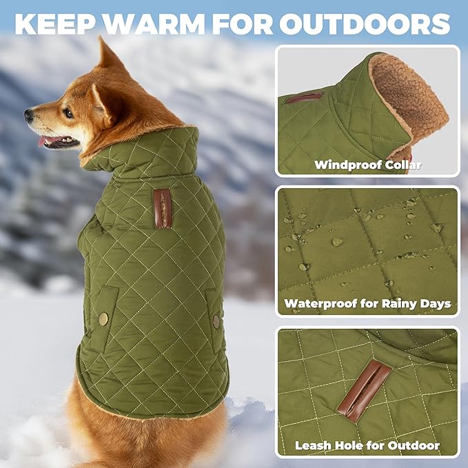 Dog Winter Coat, Dog Jacket with Warm Fleece Lined, Waterproof Windproof Dogs Cold Weather Coats Clothes for Puppy Dogs Snowsuit with Leash Hole, Green Small