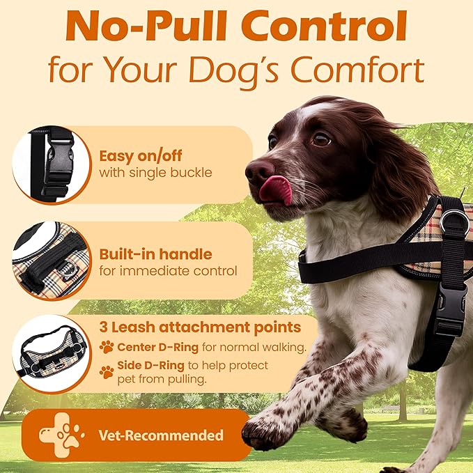 Bark Appeal Tan Plaid No-Pull Dog Harness for Small to Medium Sized Pets – Adjustable, Reflective Vest with 3 Leash Clips for Added Control, Easy Walks & Training – Medium