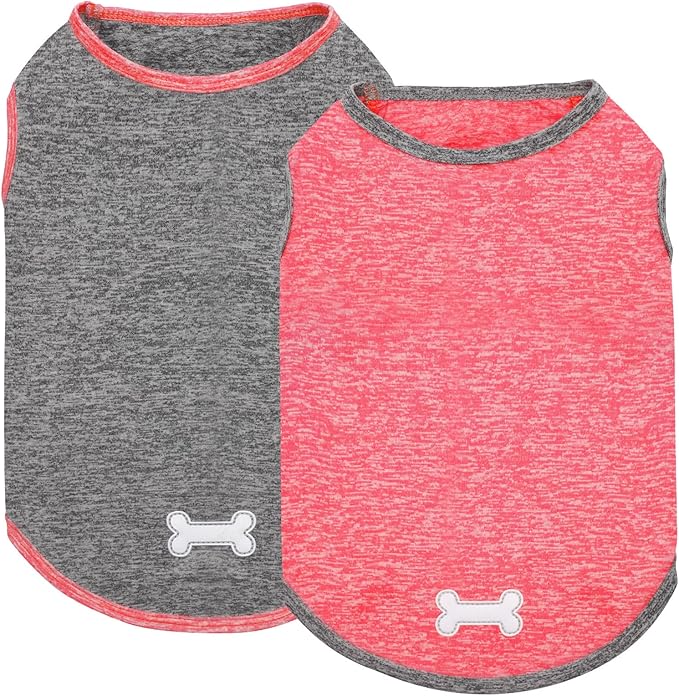 KYEESE 2 Pack Dog Shirts Quick Dry Soft Stretchy Dog T-Shirts with Reflective Label Tank Top Sleeveless Vest for Small Dogs Sun Protection Pet Clothes, Coral Red+Grey, XL