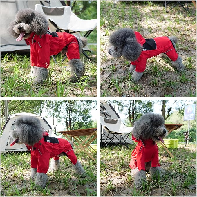 LOVELONGLONG Waterproof Dog Raincoat with Removable Hood – Outdoor Full Body Dog Jacket, Windproof Snowproof Shell Suit – All Season Pet Rain Gear Red S+
