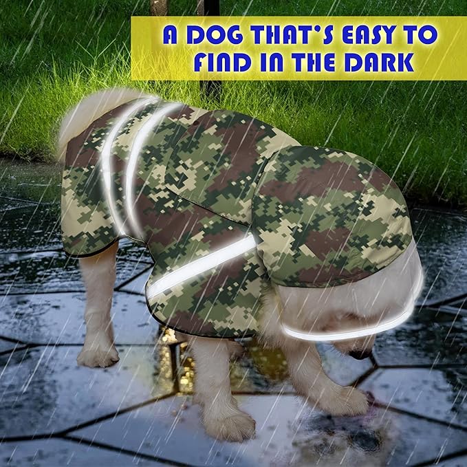 Dog Raincoat, Adjustable Rain Jacket with Hooded Double Layer for Large Medium Small Dogs Puppies, Lightweight Waterproof Rain Coat Poncho with Reflective Stripe Mosaic Camouflage Green,XXL