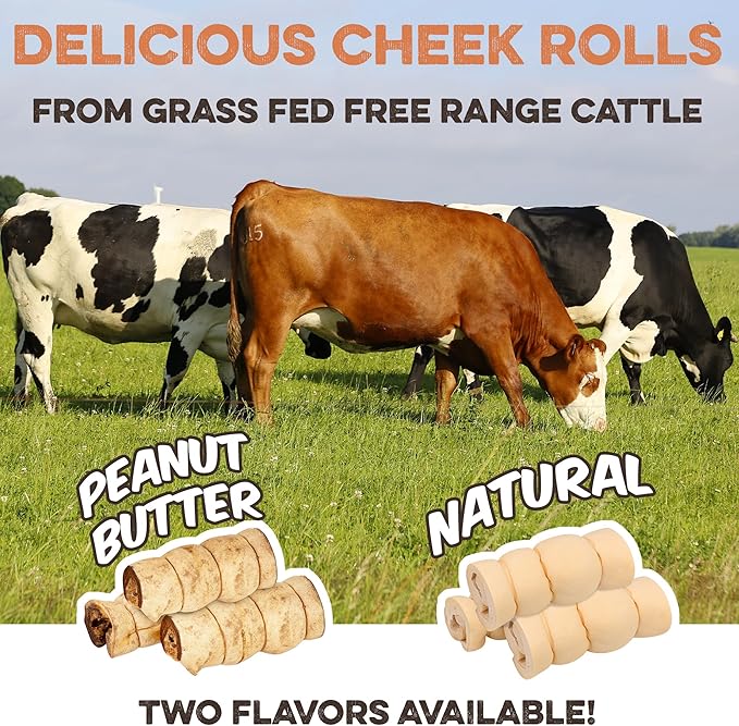 Premium Beef Cheek Rolls for Dogs 5-7" - (10-Pack), Peanut Butter Flavored Long Lasting, Safe & Natural Rawhide Alternative Chews, Ideal for Large Dogs & Aggressive Chewers, Supports Dental Health