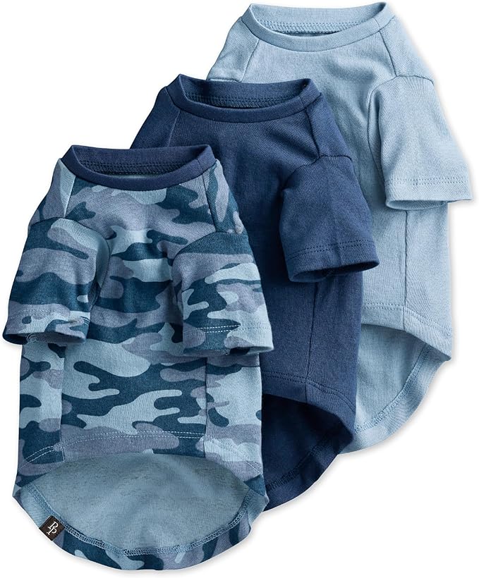 Toby II - The Perfect Tee, 3 Pack Short Sleeve Pet T-Shirt 100% Organic Cotton Tees Clothes for Small, Medium, Large Dogs, Navy Camo, Small