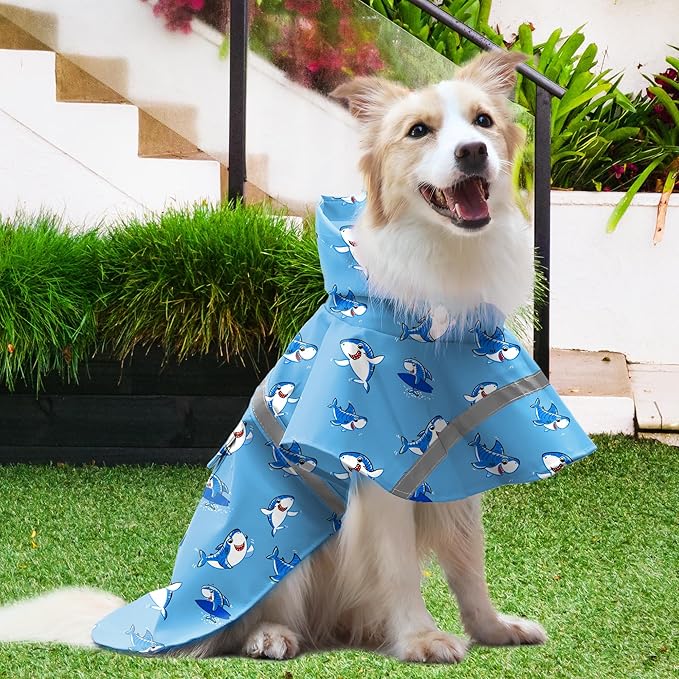 NACOCO Large Dog Raincoat Adjustable - Pet Shark Water Proof Clothes Lightweight Rain Jacket Poncho Hoodies with Strip Reflective Blue (L, Blue Shark)