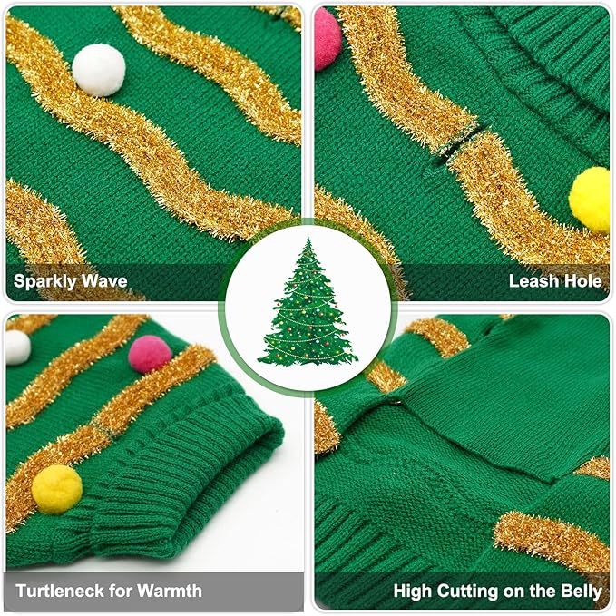 cyeollo Dog Sweater Dog Christmas Sweaters Glitter Pullover Turtleneck with Leash Hole Holiday Puppy Clothes for Small Dogs Cats