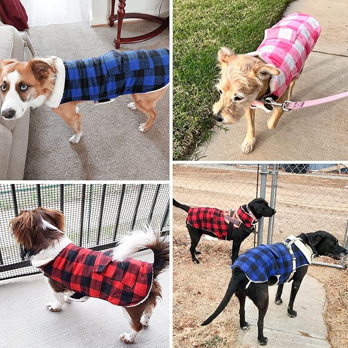 Malier Classic Plaid Fleece Dog Jacket with Pocket - Windproof Warm Coat Vest for Small to Large Dogs (Blue, Large)