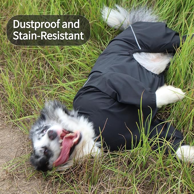 Dog Raincoat for Medium Large Dogs,rain Jacket Coat, Full Leg Coverage Waterproof Rain Suit with Detachable Hood & Tail, Reflective Strips, Snag-Free Top Zipper (Black for Boy, Small)