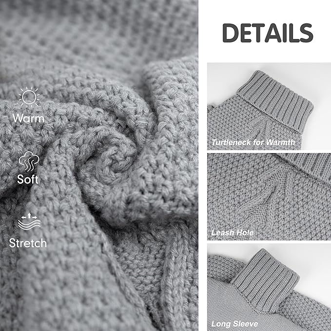 cyeollo Dog Sweaters Turtleneck Knitted Sweater with Leash Hole Winter Pet Clothes Dog Sweaters for Small Dogs, Grey M
