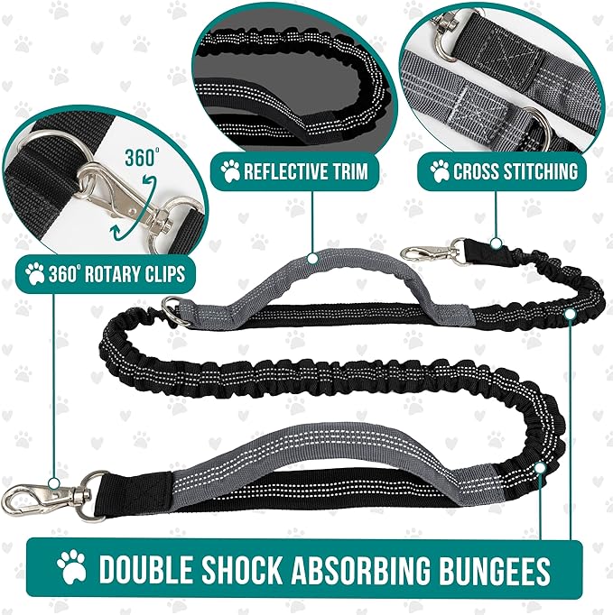 PetAmi Hands Free Dog Leash, Dog Running Leash Belt Bag for Walking, Jogging, Dog Waist Double Zipper Pouch with Poop Bag Dispenser, Dual Padded Handles Reflective Bungee Leash, Double (Turquoise)