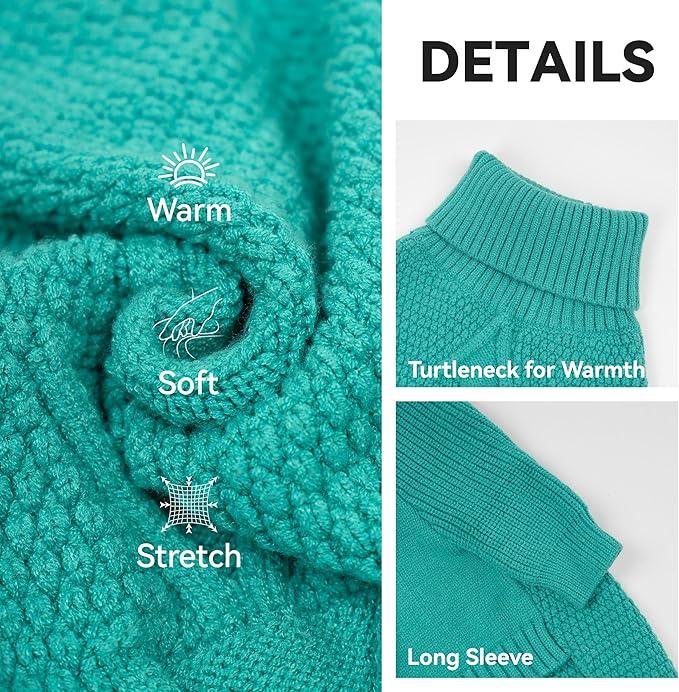 cyeollo Fleece Dog Sweaters for Medium Dogs Male, Stretchy Warm Turtleneck Doggy Clothes for Fall Winter Pullover Doggie Jacket Thermal Knit Pet Apparel with Sleeves, Aqua Green XL