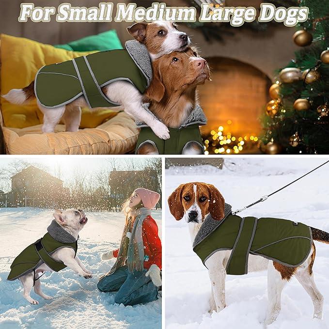 Dogcheer Dog Coat, Waterproof Dog Jacket Reflective Pet Winter Coat with Adjustable Hook & Loop, Christmas Puppy Fleece Jacket Warm Turtleneck Snowsuit for Small Medium Large Dogs - Green, L