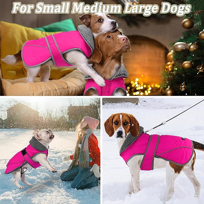Dogcheer Dog Coat, Waterproof Dog Jacket Reflective Pet Winter Coat with Adjustable Hook & Loop, Christmas Puppy Fleece Jacket Warm Turtleneck Snowsuit for Small Medium Large Dogs - Pink, S