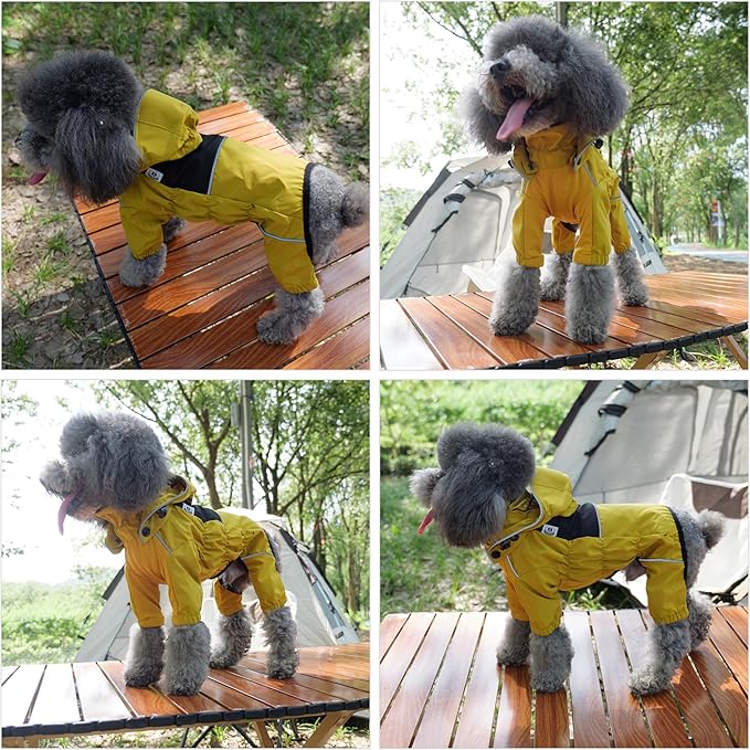 LOVELONGLONG Waterproof Dog Raincoat with Removable Hood – Outdoor Full Body Dog Jacket, Windproof Snowproof Shell Suit – All Season Pet Rain Gear Mustard Yellow XS