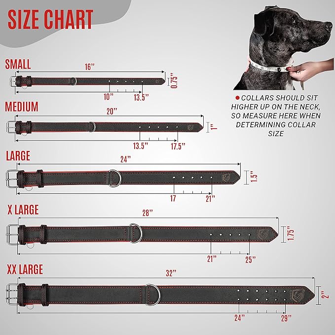 Riparo Adjustable Leather Dog Collar - Heavy Duty Wide Dog Collar for Small, Medium, Large and Extra Large Dogs with Dog Tag Holder (XXL: 2” Wide for 24”-29” Neck, Black/Red Thread)