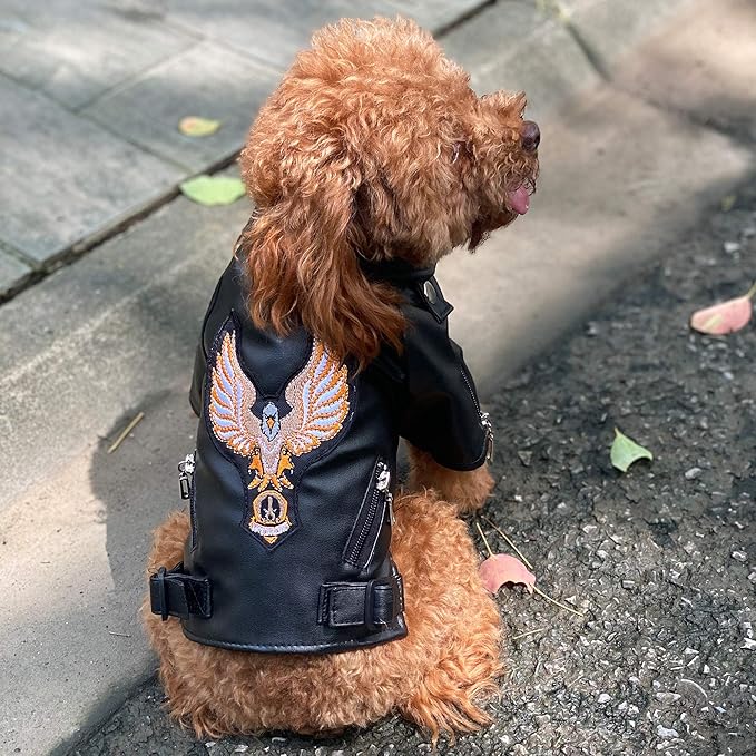 Lovelonglong Cool Dog Leather Jacket, Warm Coats Dogs Windproof Cold Weather Coats for Large Medium Small Dogs with Eagle Embroidery Black XS