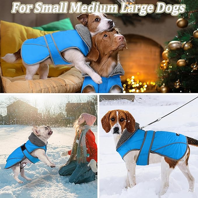 Dogcheer Dog Coat, Waterproof Dog Jacket Reflective Pet Winter Coat with Adjustable Hook & Loop, Christmas Puppy Fleece Jacket Warm Turtleneck Snowsuit for Small Medium Large Dogs - Sky Blue, 2XL