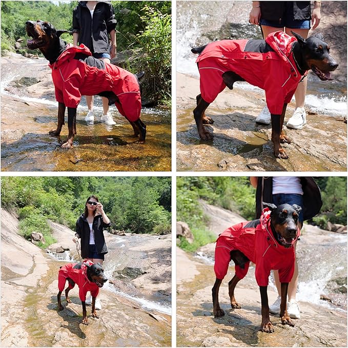 LOVELONGLONG Fleece-Lined Dog Raincoat with Removable Hood – Waterproof Winter Full Body Dog Jacket – Windproof Snowproof Cold-Weather Suit – Red-F M