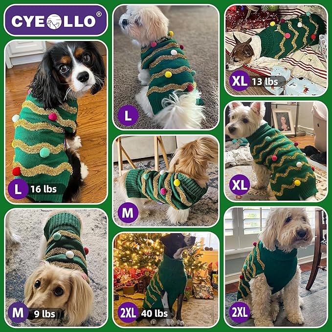 cyeollo Dog Sweater Dog Christmas Sweaters with Leash Hole Glitter Turtleneck Holiday Dogs Winter Clothes for Cold Weather Pet Sweaters for Small Dogs