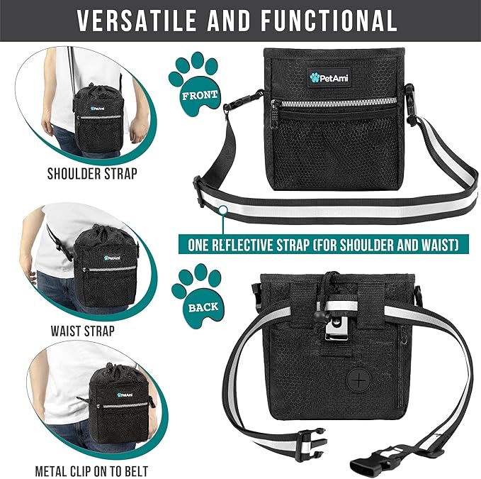 PetAmi Dog Treat Pouch, Pet Treat Pouch for Training, Dog Walking Bag Holder for Kibbles, Pet Food Toy, Dog Trainer Essentials Supplies, Poop Bag Dispenser, 3 Ways to Wear (Black)