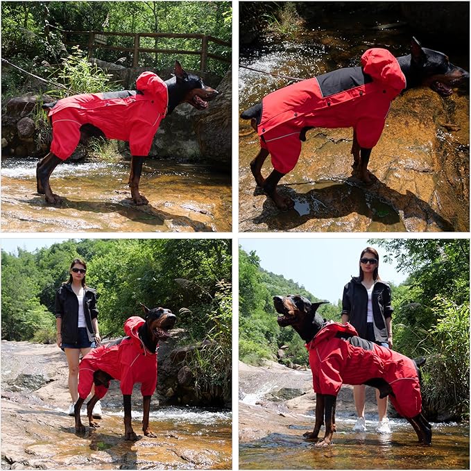 LOVELONGLONG Waterproof Dog Raincoat with Removable Hood – Outdoor Full Body Dog Jacket, Windproof Snowproof Shell Suit – All Season Pet Rain Gear Red XS