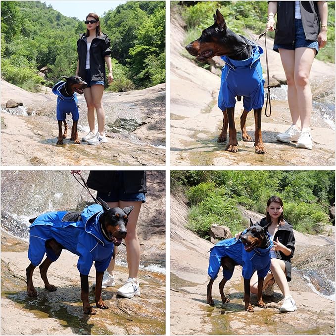 LOVELONGLONG Waterproof Dog Raincoat with Removable Hood – Outdoor Full Body Dog Jacket, Windproof Snowproof Shell Suit – All Season Pet Rain Gear Blue S