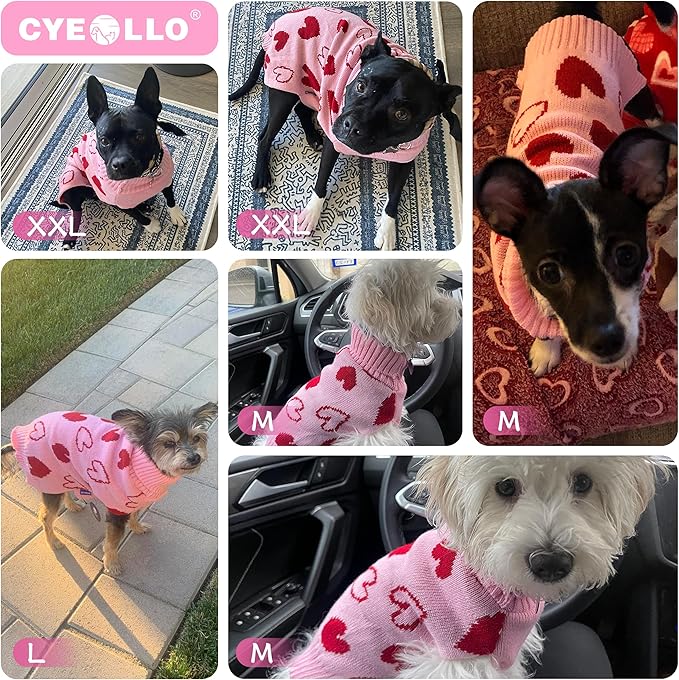 cyeollo Valentines Day Dog Sweater with Leash Hole Pullover Turtleneck Heart Pattern Holiday Theme Dog Clothes Pet Apparel for Small Dogs Pink
