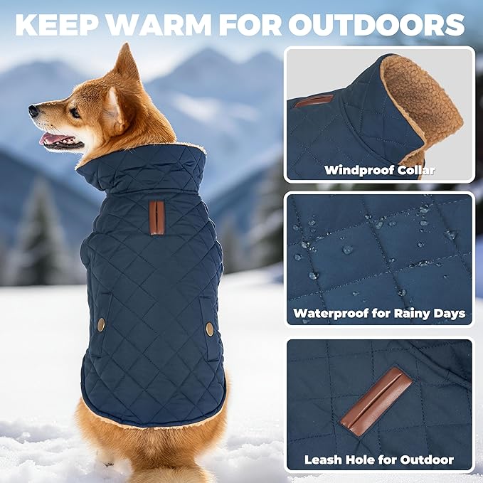 Dog Coat, Warm Winter Dog Waterproof Jacket for Medium Dogs, Fleece Lined Adjustable Dogs Coats Cold Weather Windproof Doggie Snowsuit with Leash Hole, Navy X-Large