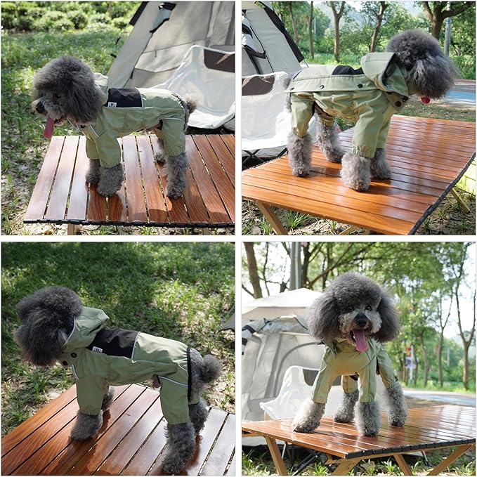 LOVELONGLONG Waterproof Dog Raincoat with Removable Hood – Outdoor Full Body Dog Jacket, Windproof Snowproof Shell Suit – All Season Pet Rain Gear Sage Green M