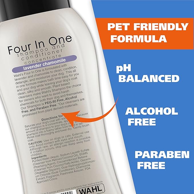 Wahl USA 4-in-1 Calming Dog Shampoo with Lavender Chamomile Scent – Cleans, Conditions, Detangles, & Moisturizes - Pet Friendly Formula - 24 Oz - Model 820000A