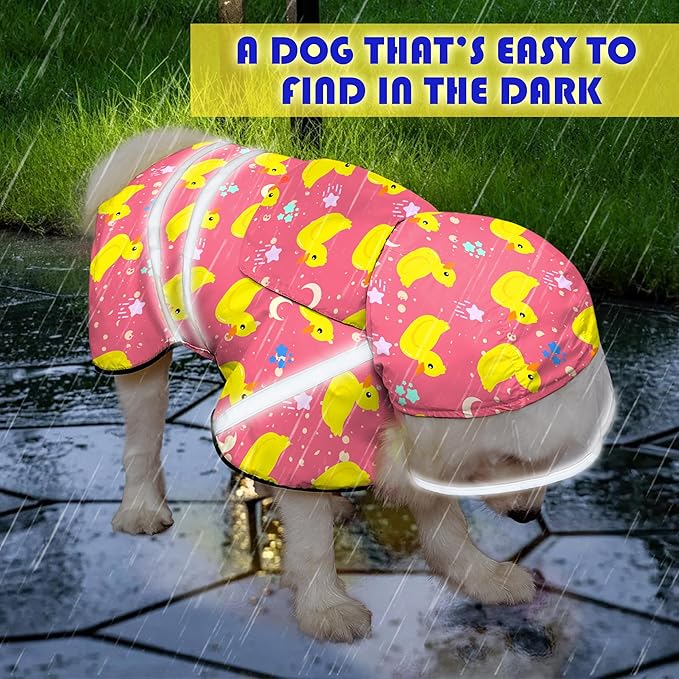 Dog Raincoat, Adjustable Rain Jacket with Hooded Double Layer for Large Medium Small Dogs Puppies, Lightweight Waterproof Rain Coat Poncho with Reflective Stripe Duck Pink,XXL