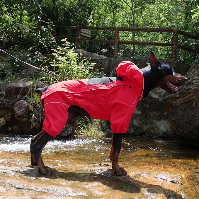 LOVELONGLONG Waterproof Dog Raincoat with Removable Hood – Outdoor Full Body Dog Jacket, Windproof Snowproof Shell Suit – All Season Pet Rain Gear Red 3XL