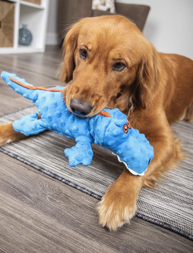 goDog Gators Squeaky Plush Dog Toy with Chew Guard Technology, Durable Fabric & Squeaker for Active Play, Blue, Large
