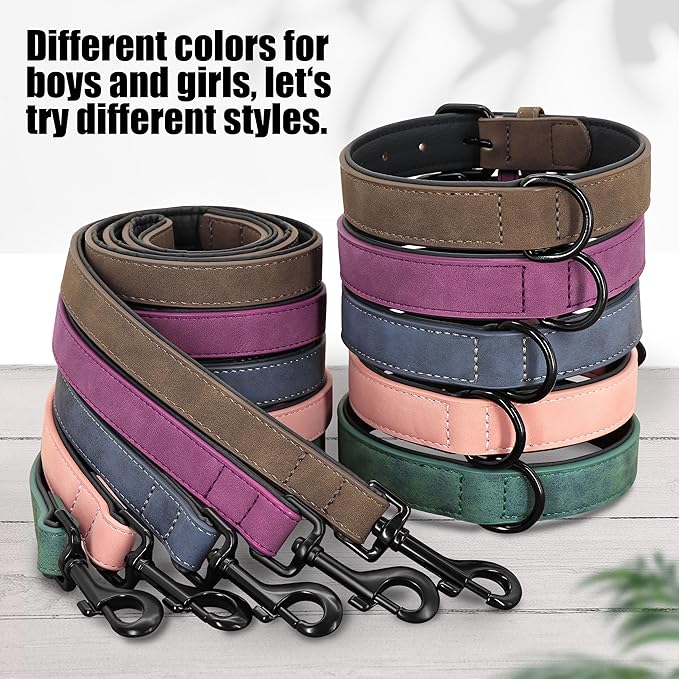 Didog Soft Padded Leather Dog Collar and Leash Set, Adjustable Dog Leash and Collar Set with Metal Buckle, Breathable Dog Collars with 4FT PU Leather Dog Leash for Medium Large Dogs, Blue, L