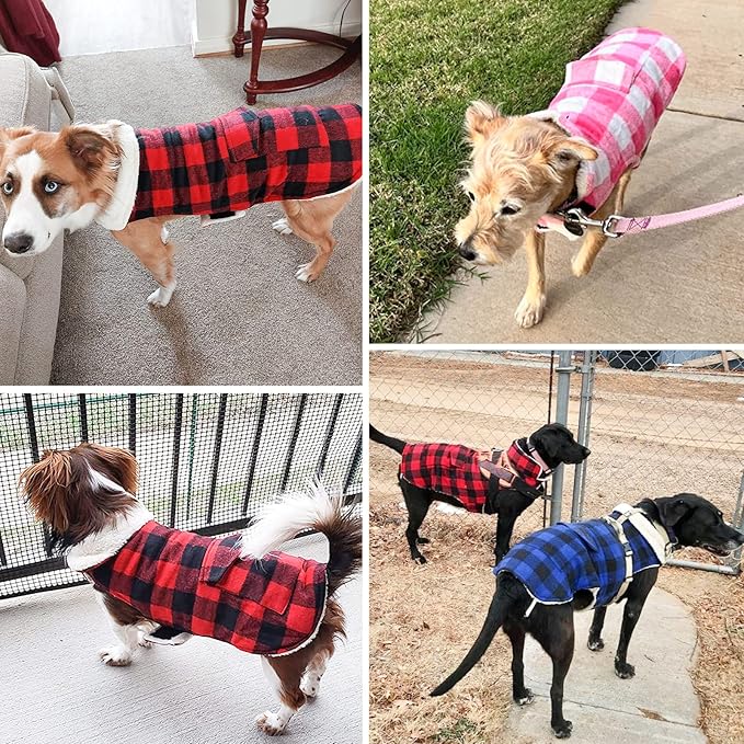 Malier Dog Winter Coat, Classic Plaid Fleece Dog Cold Weather Coats Pet Jacket with Pocket, Windprood Warm Coat Vest Pet Clothes Apparel for Small Medium Large Dogs (Red, Large)
