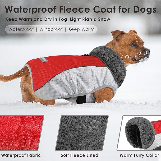 Dog Coat, Waterproof Ripstop Dog Winter Jacket with Leash Hole, Reflective Adjustable Warm Pet Fleece Snow Sweater for Small Medium Large Dogs - Red, M