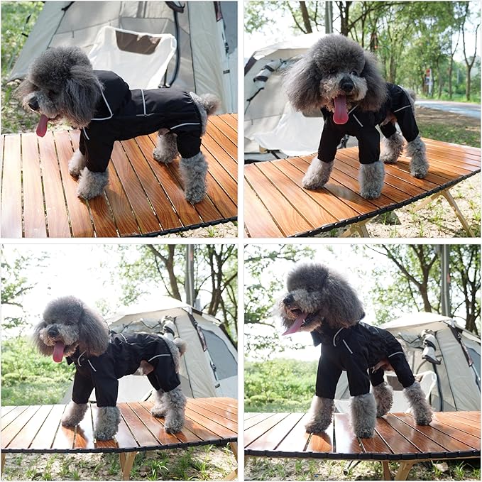 LOVELONGLONG Fleece-Lined Dog Raincoat with Removable Hood – Waterproof Winter Full Body Dog Jacket – Windproof Snowproof Cold-Weather Suit – Black-F S+