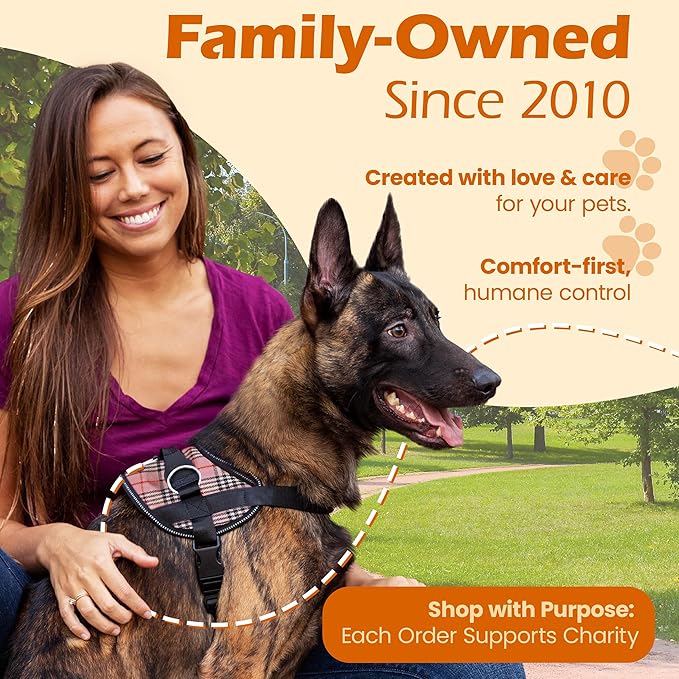 Bark Appeal Pink Plaid No-Pull Dog Harness for Medium to Large Sized Pets – Adjustable, Reflective Vest with 3 Leash Clips for Added Control, Easy Walks & Training – Large