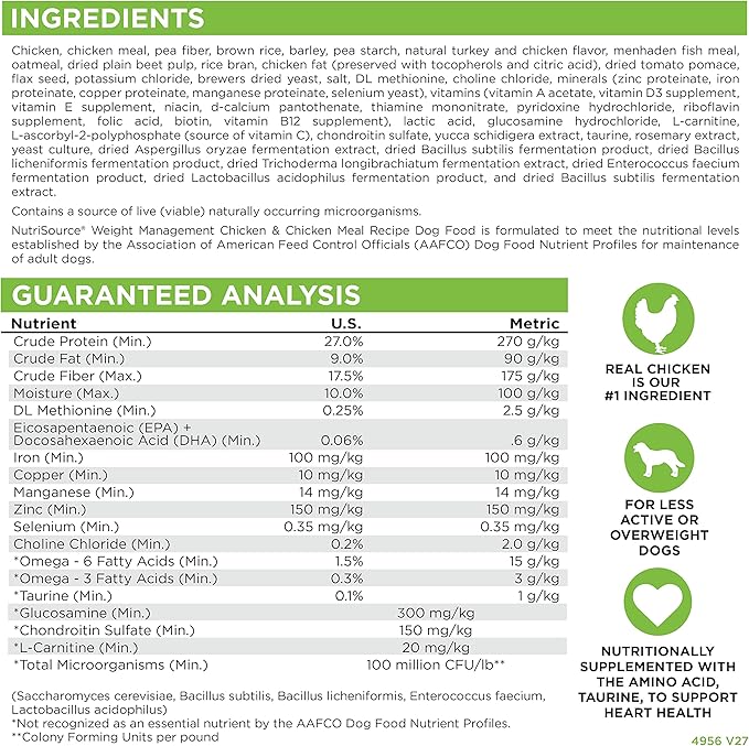 NutriSource Weight Management Dry Dog Food, Chicken and Chicken Meal, 26LB