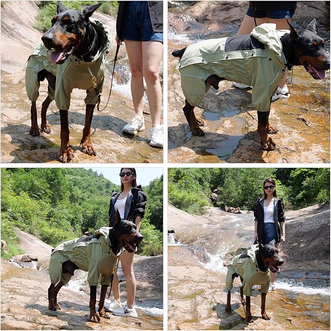 LOVELONGLONG Waterproof Dog Raincoat with Removable Hood – Outdoor Full Body Dog Jacket, Windproof Snowproof Shell Suit – All Season Pet Rain Gear Sage Green L