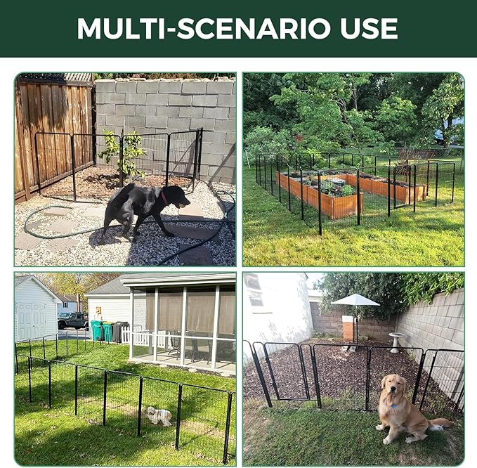 FXW Garden Fence Outdoor for The Yard – 24in(H) x 15.2ft(L) Heavy Duty Metal Animal Barrier for Dog and Rabbit, Decorative Dog Fence with Fence-to-Wall Anchor (Pack of 4), 8 Panels, Black