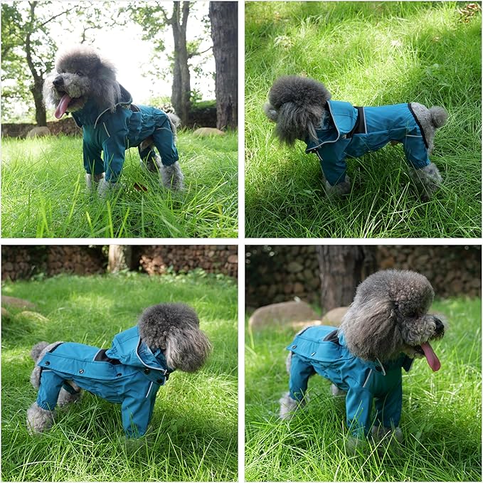 LOVELONGLONG Waterproof Dog Raincoat with Removable Hood – Outdoor Full Body Dog Jacket, Windproof Snowproof Shell Suit – All Season Pet Rain Gear Ocean Teal XXL