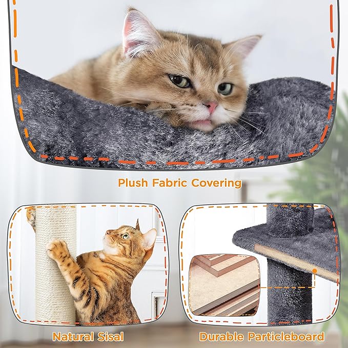 Yaheetech XL Cat Tree, 80in Multi-Level Tower With Scratching Posts, Double Caves, Perched Platforms and Dangling Balls, Stand House for Kittens Pet, Dark Gray