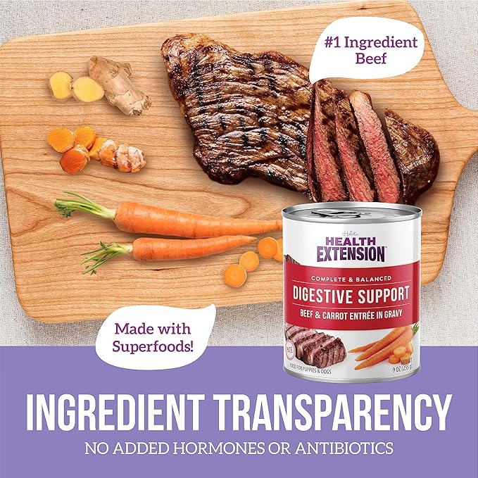 Health Extension Digestive Support Variety Pack Wet Dog Food, (9 oz, Case of 6 Cans) – Complete & Balanced with Superfoods & Gravy for Optimal Digestion